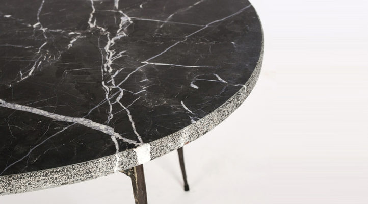 TAXI Large Coffee Table-Black Marble with Hammered Edge / Black Iron Legs