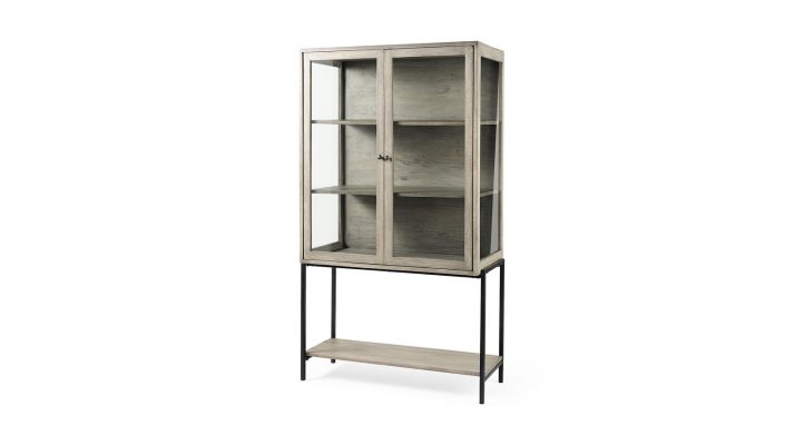 Lyon 36L x 18W x 63H Gray Wood W/ Black Metal Base Display Cabinet
