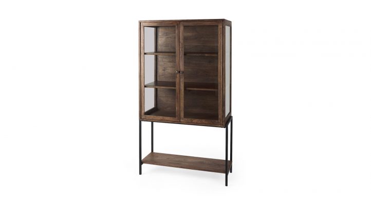 Lyon 36L x 18W x 63H Medium Brown Wood W/ Black Metal Base Display Cabinet