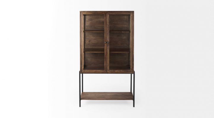 Lyon 36L x 18W x 63H Medium Brown Wood W/ Black Metal Base Display Cabinet