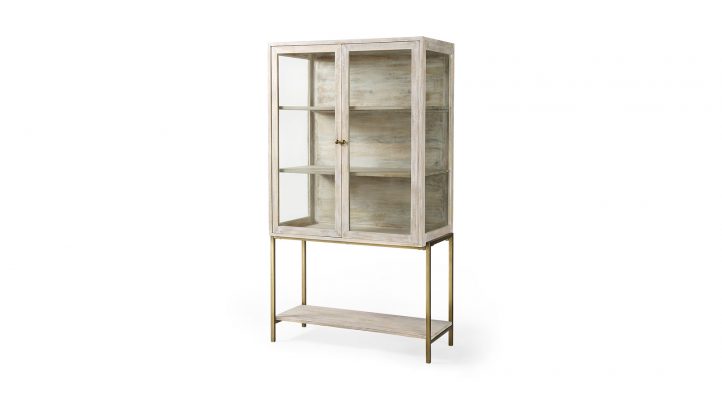 Lyon 36L x 18W x 63H White Wood W/ Gold Metal Base Display Cabinet