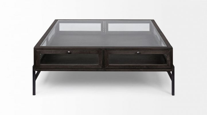 Lyon 42″ Square Glass Top Brown Wood w/Black Metal Base Display Coffee Table