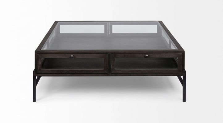 Lyon 42″ Square Glass Top Brown Wood w/Black Metal Base Display Coffee Table