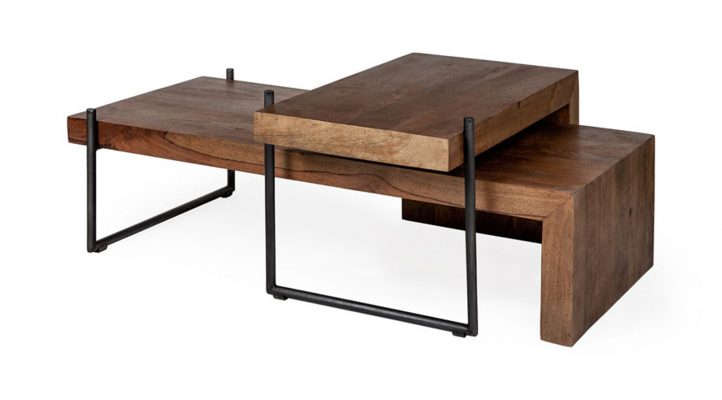 Maddox Set of 2 Brown Solid Wood Top Black Metal Base Nesting Coffee Tables