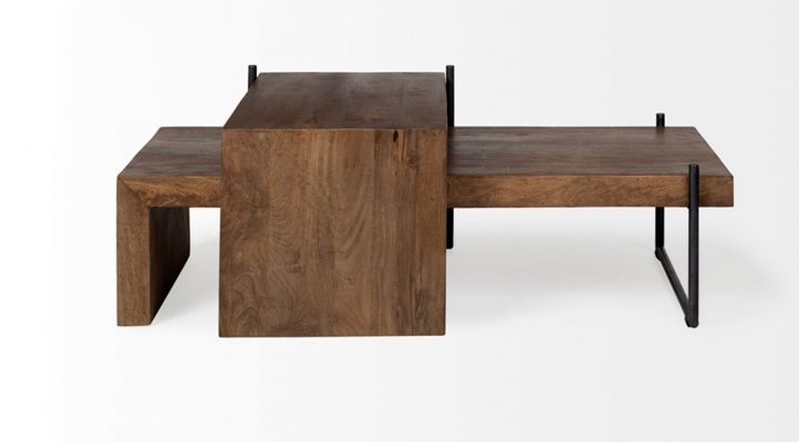 Maddox Set of 2 Brown Solid Wood Top Black Metal Base Nesting Coffee Tables