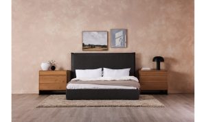 LUZON QUEEN BED TALL HEADBOARD SLATE VEGAN LEATHER