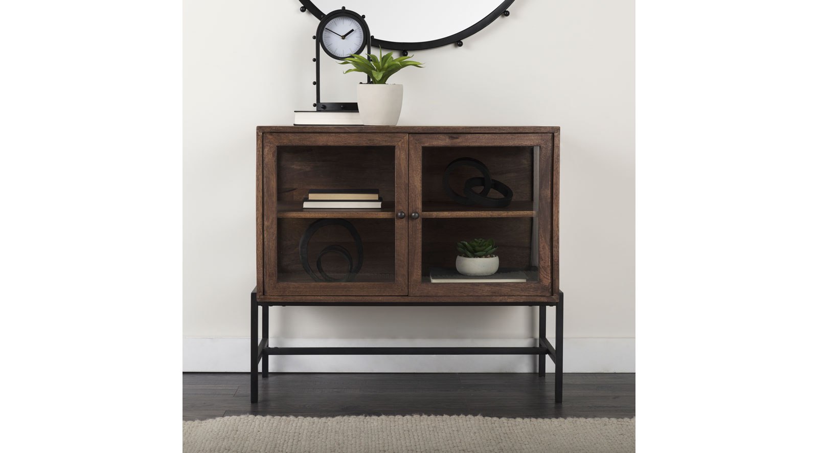 Arelius Medium Brown Wood W/ Black Metal Base 2 Door Accent Cabinet - Image 13