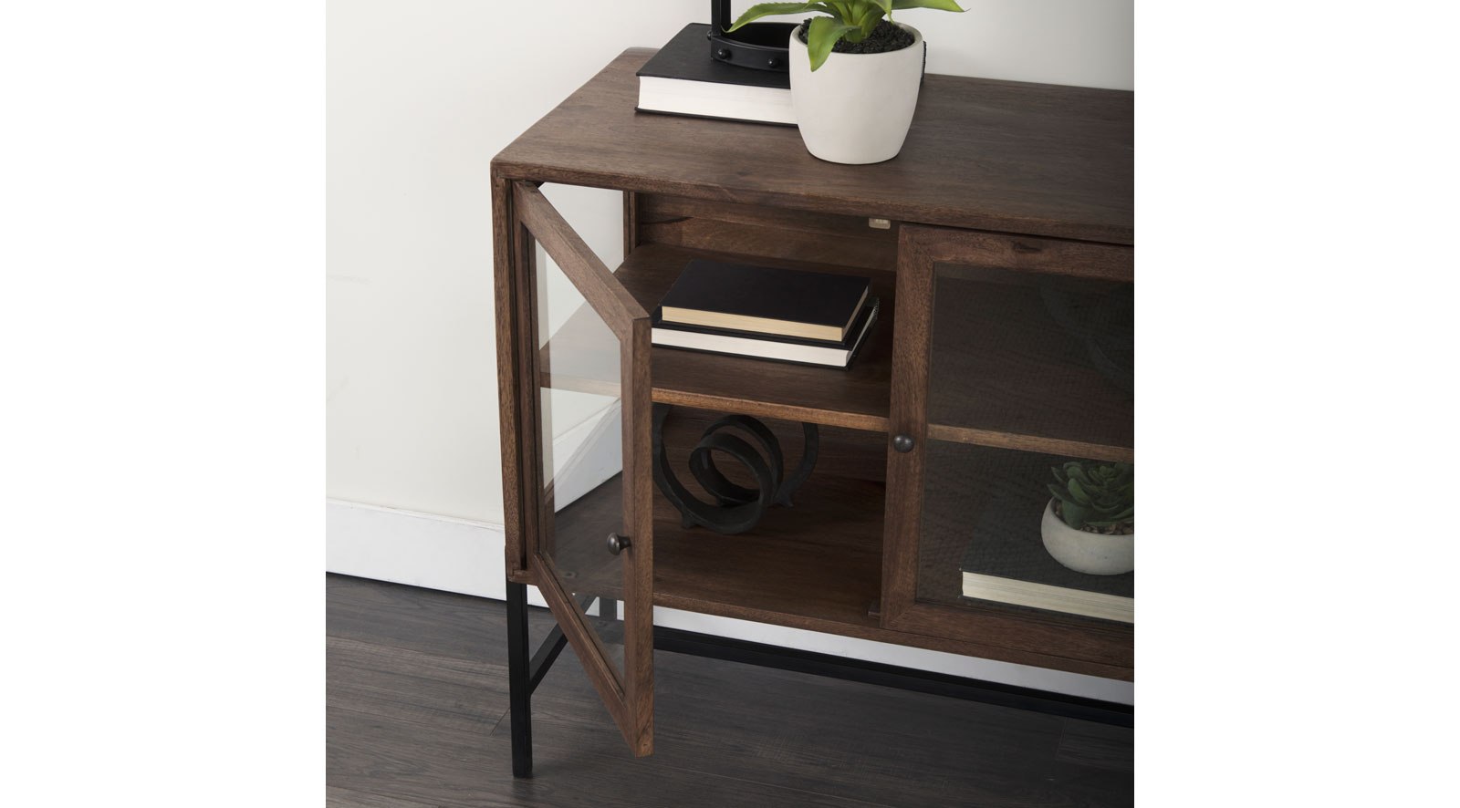 Arelius Medium Brown Wood W/ Black Metal Base 2 Door Accent Cabinet - Image 14