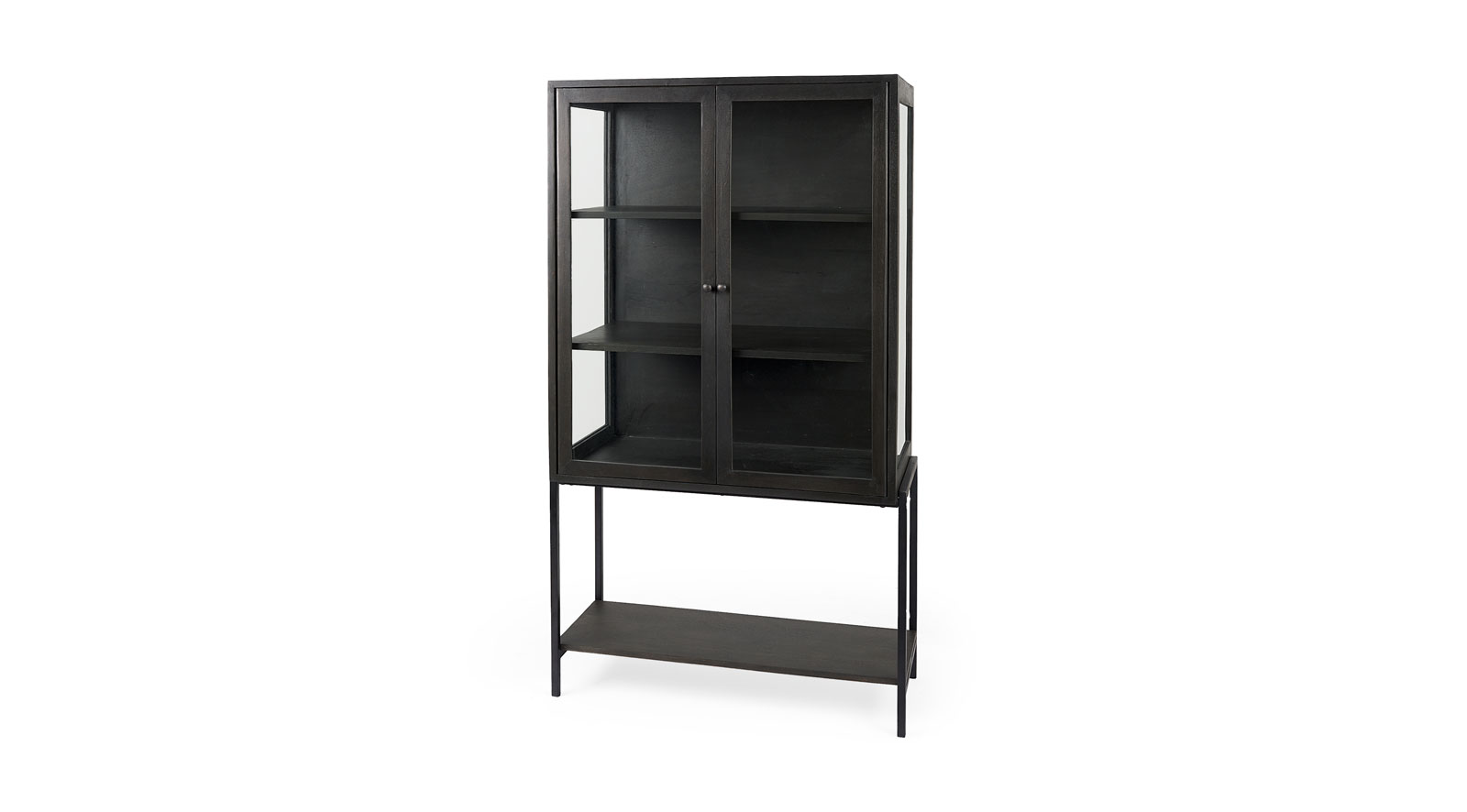 Arelius Dark Brown Wood W/ Black Metal Base Display Cabinet