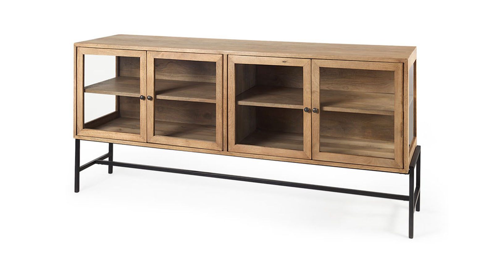 Arelius Light Brown W/ Black Metal Base 4 Door Glass Cabinet Sideboard