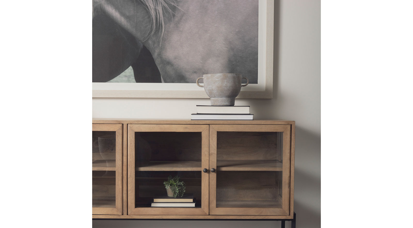 Arelius Light Brown W/ Black Metal Base 4 Door Glass Cabinet Sideboard - Image 12