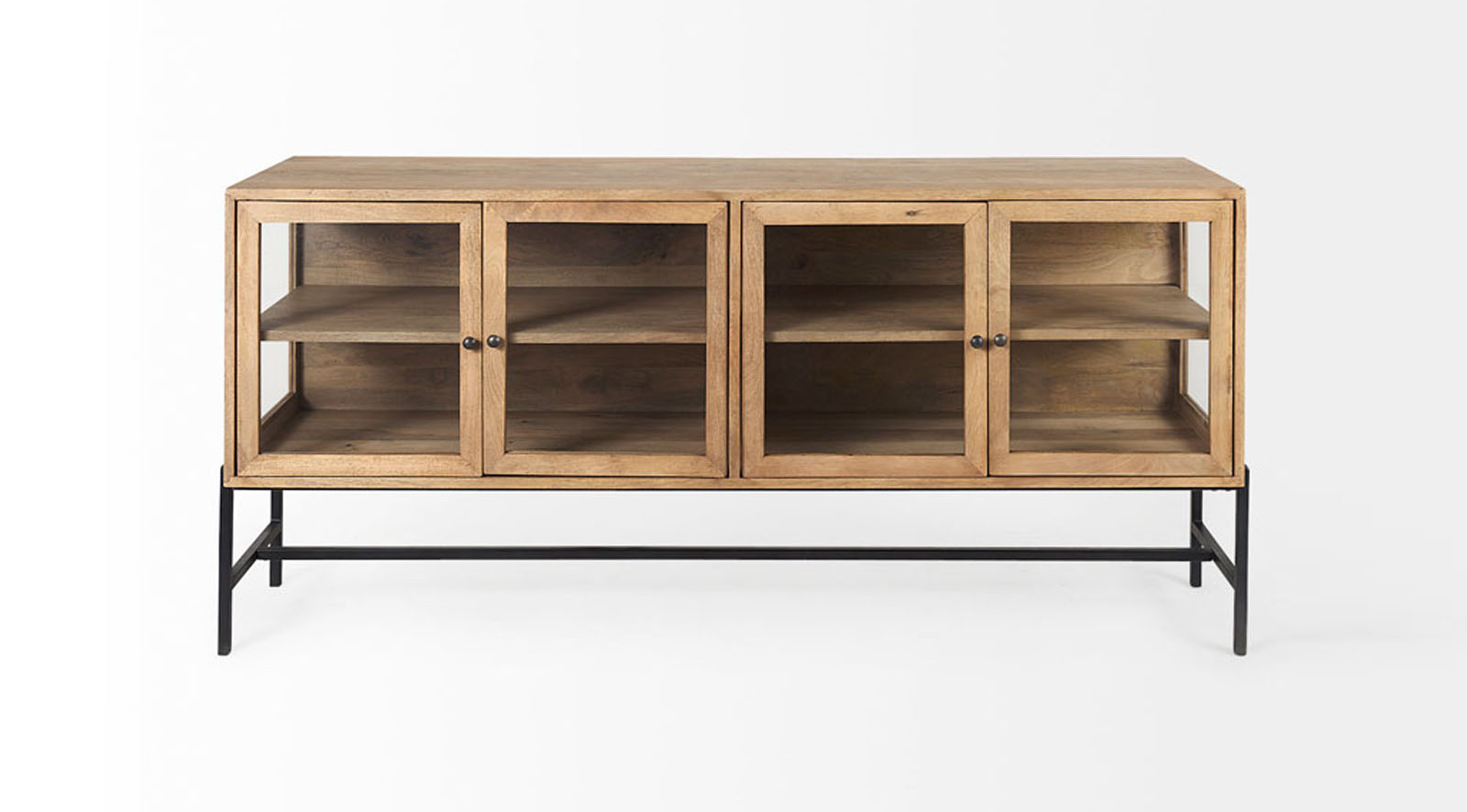 Arelius Light Brown W/ Black Metal Base 4 Door Glass Cabinet Sideboard - Image 2