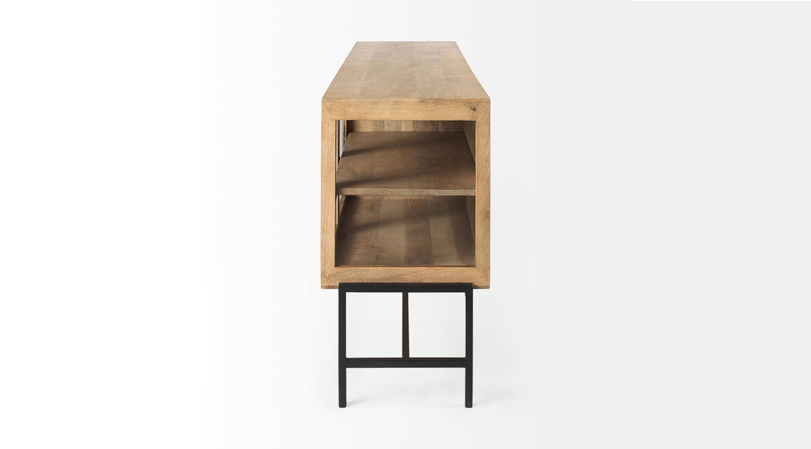 Arelius Light Brown W/ Black Metal Base 4 Door Glass Cabinet Sideboard - Image 3