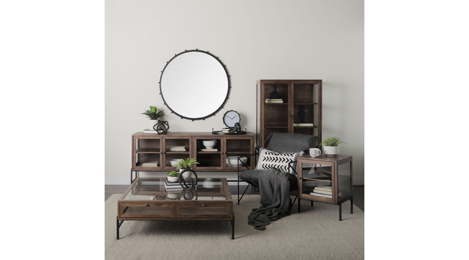 Arelius Medium Brown W/ Black Metal Base 4 Door Glass Cabinet Sideboard - Image 12