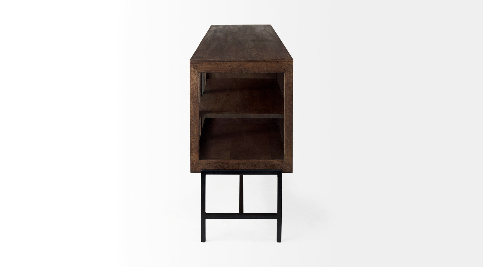 Arelius Medium Brown W/ Black Metal Base 4 Door Glass Cabinet Sideboard - Image 3
