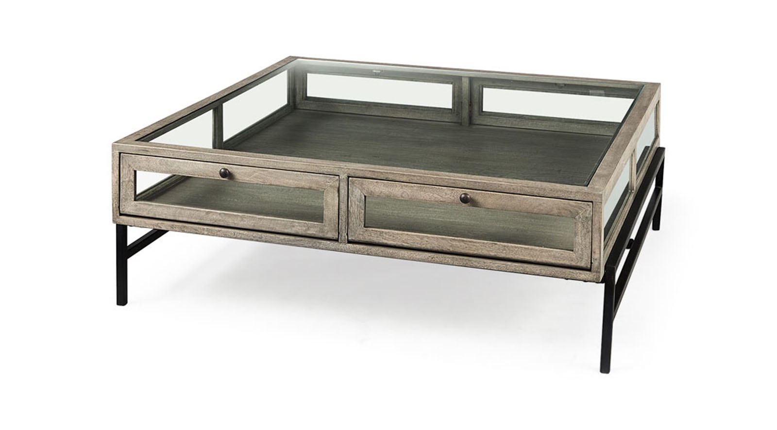 Arelius Gray Wood W/ Black Metal Base Square Display Coffee Table