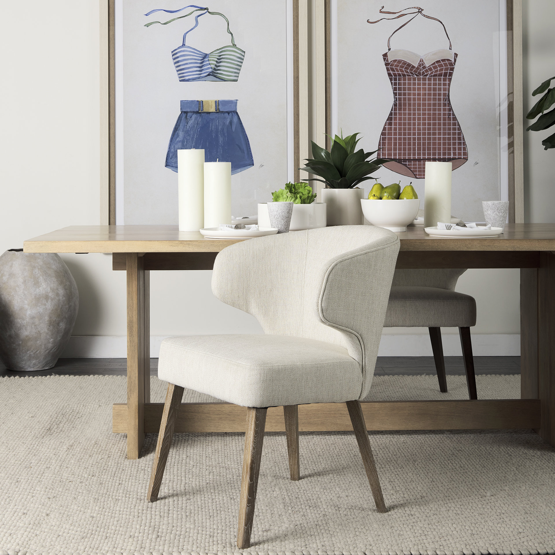 Niles Wingback Dining Chair | Cream Fabric w/ Medium Brown Wooden - Image 10