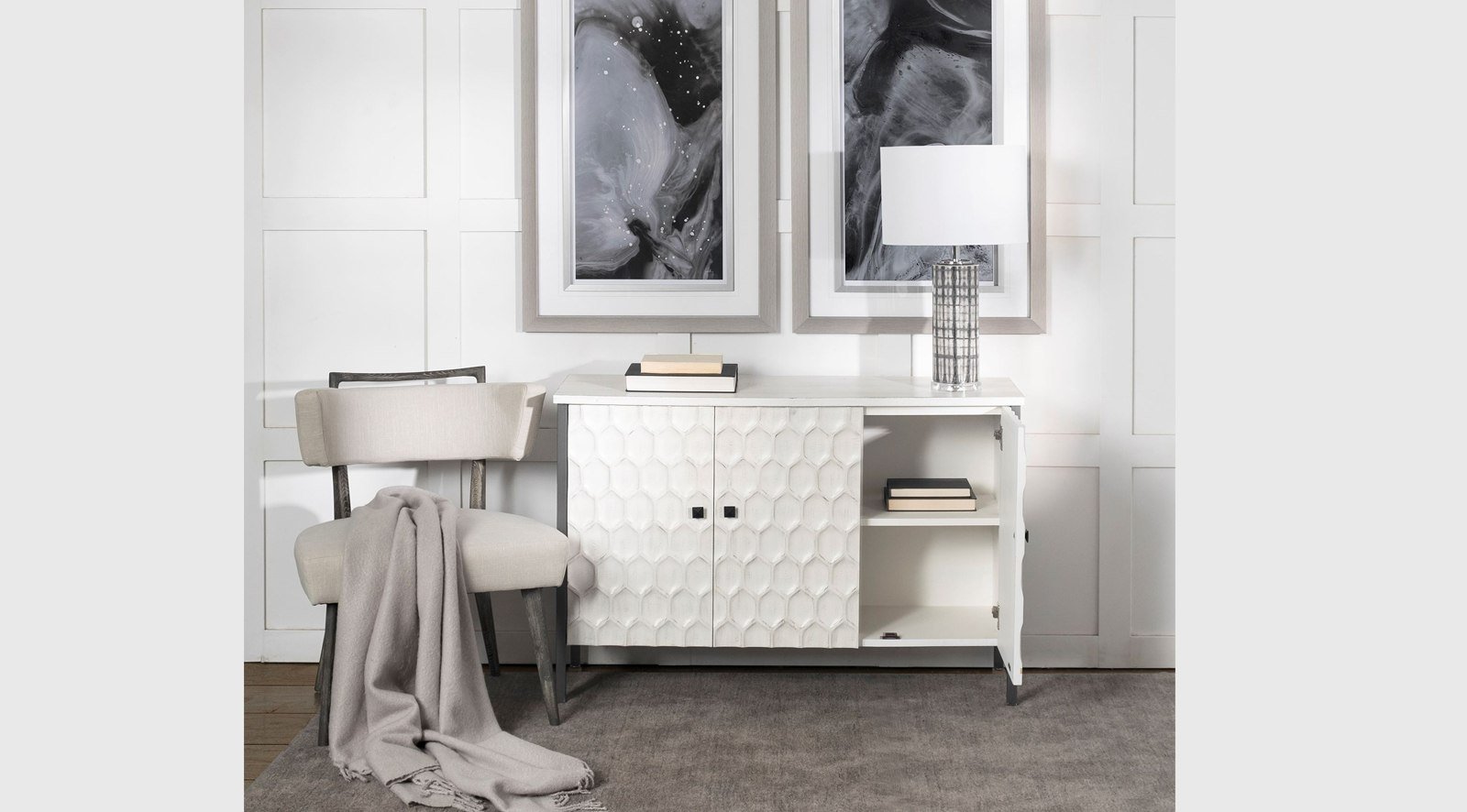 Savannah 47L x 16W White Fir Veneer And Iron 3 Door Accent Cabinet - Image 6