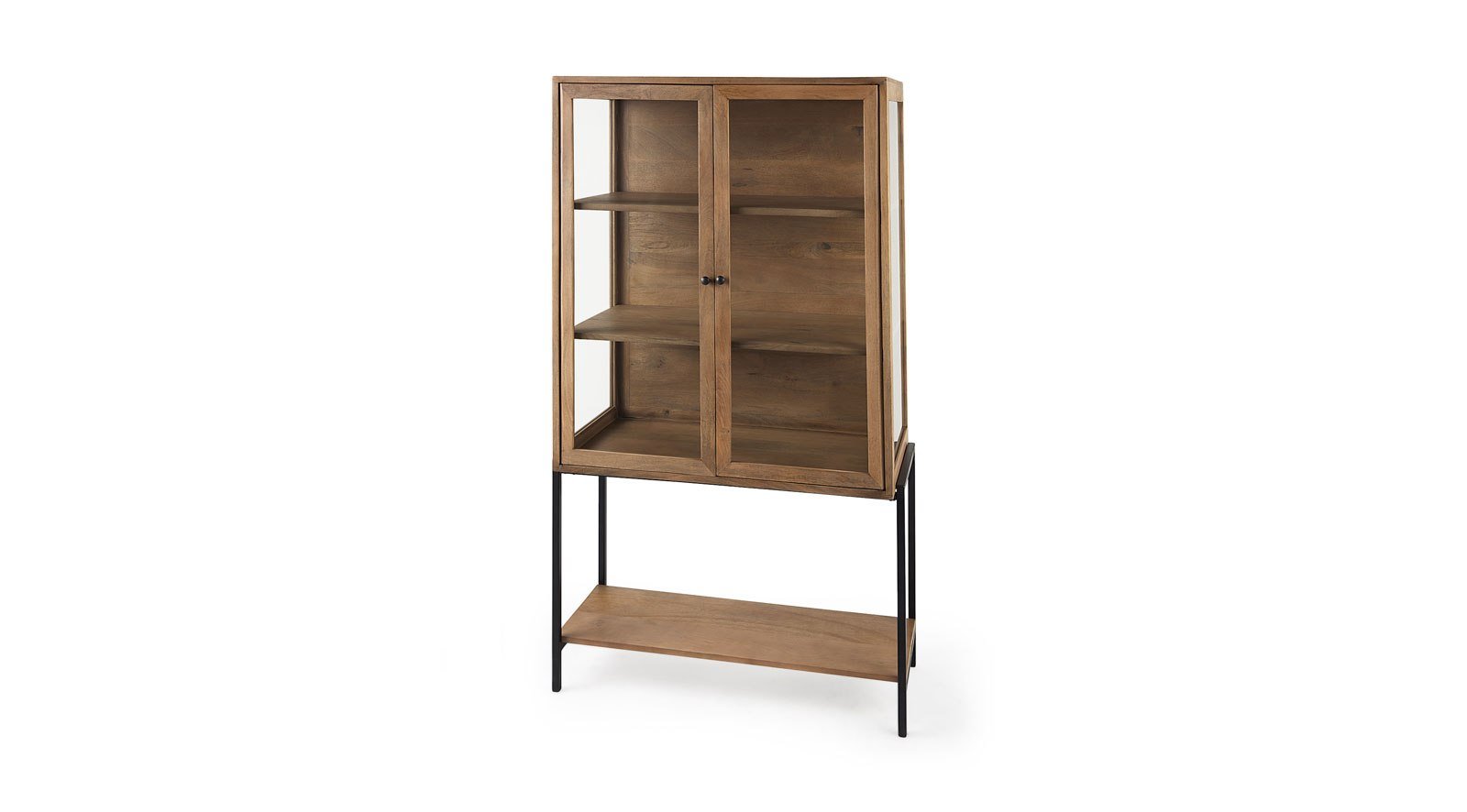 Arelius Light Brown Wood W/ Black Metal Base Display Cabinet
