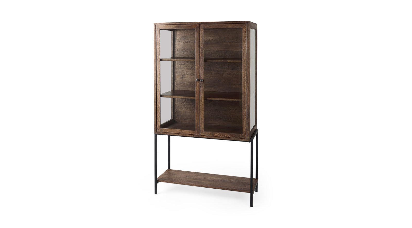 Arelius Medium Brown Wood W/ Black Metal Base Display Cabinet