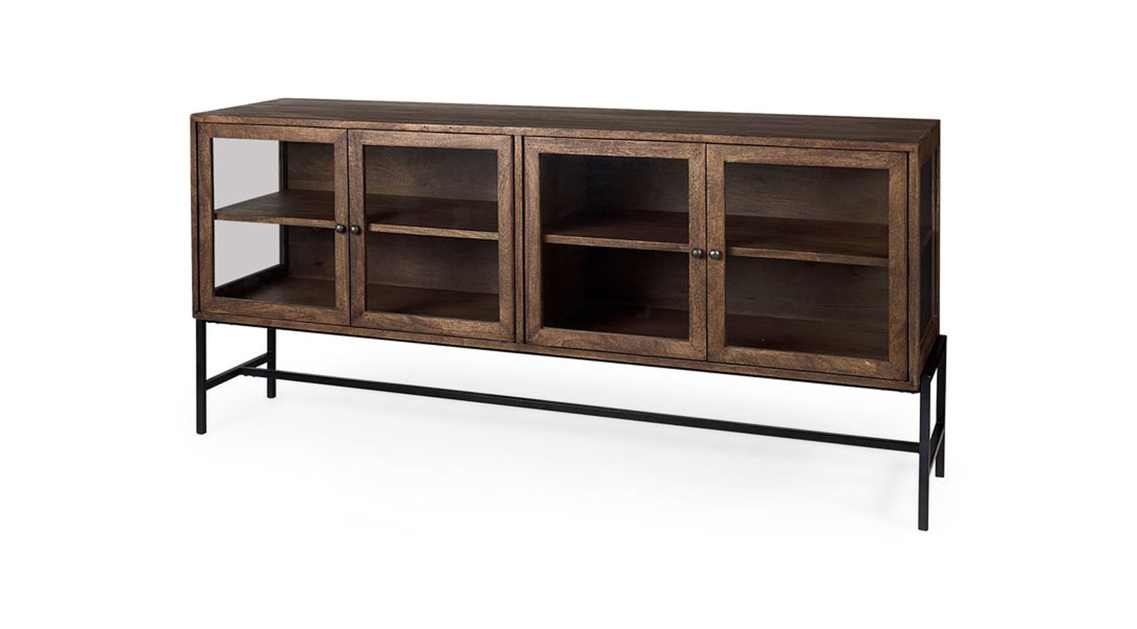 Arelius Medium Brown W/ Black Metal Base 4 Door Glass Cabinet Sideboard