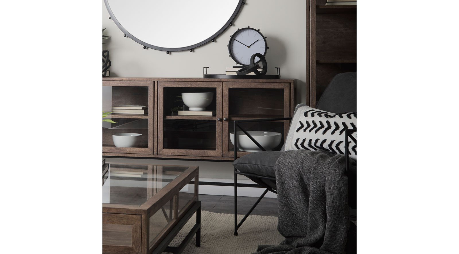 Arelius Medium Brown W/ Black Metal Base 4 Door Glass Cabinet Sideboard - Image 13