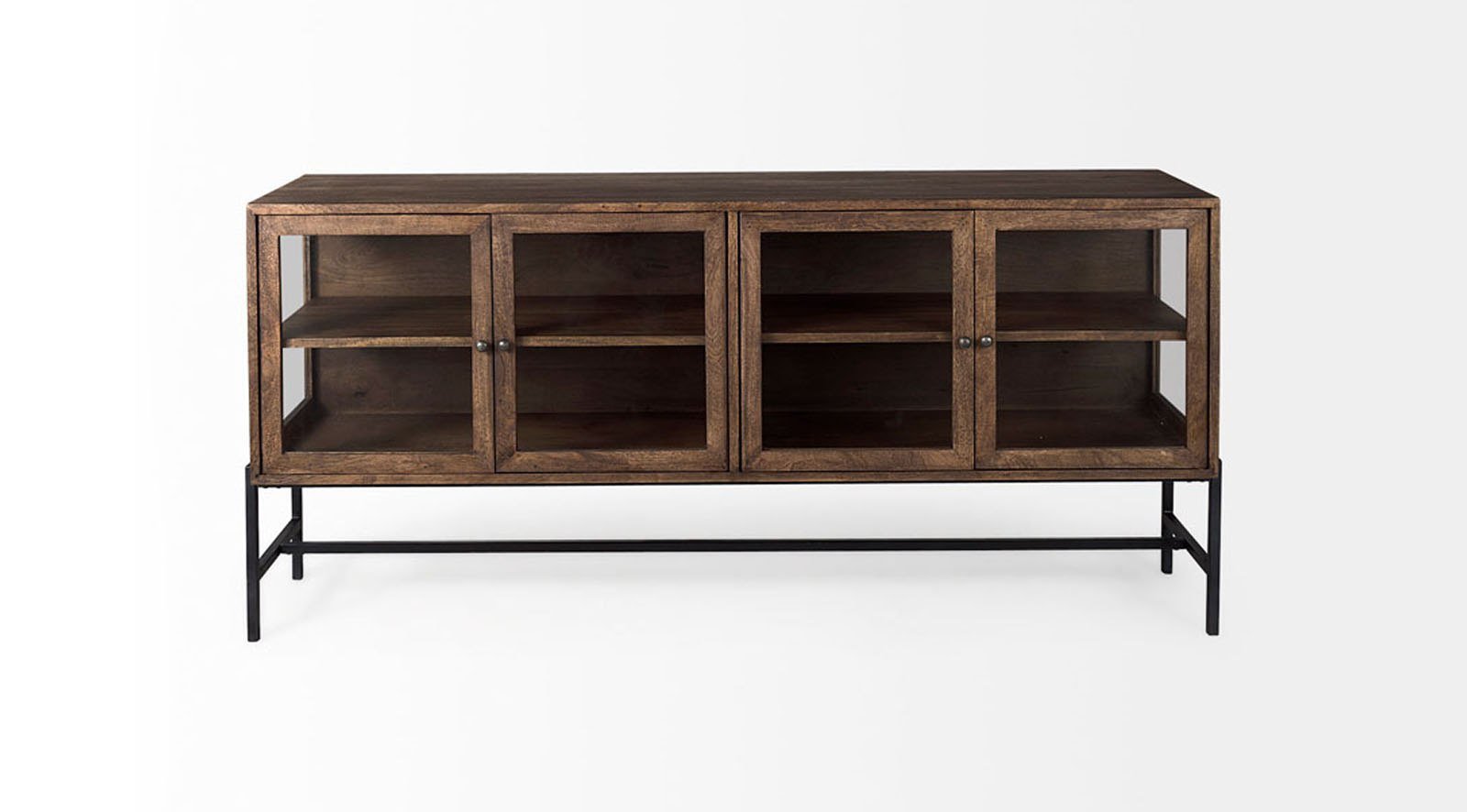 Arelius Medium Brown W/ Black Metal Base 4 Door Glass Cabinet Sideboard - Image 2
