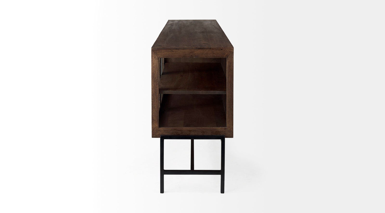 Arelius Medium Brown W/ Black Metal Base 4 Door Glass Cabinet Sideboard - Image 3
