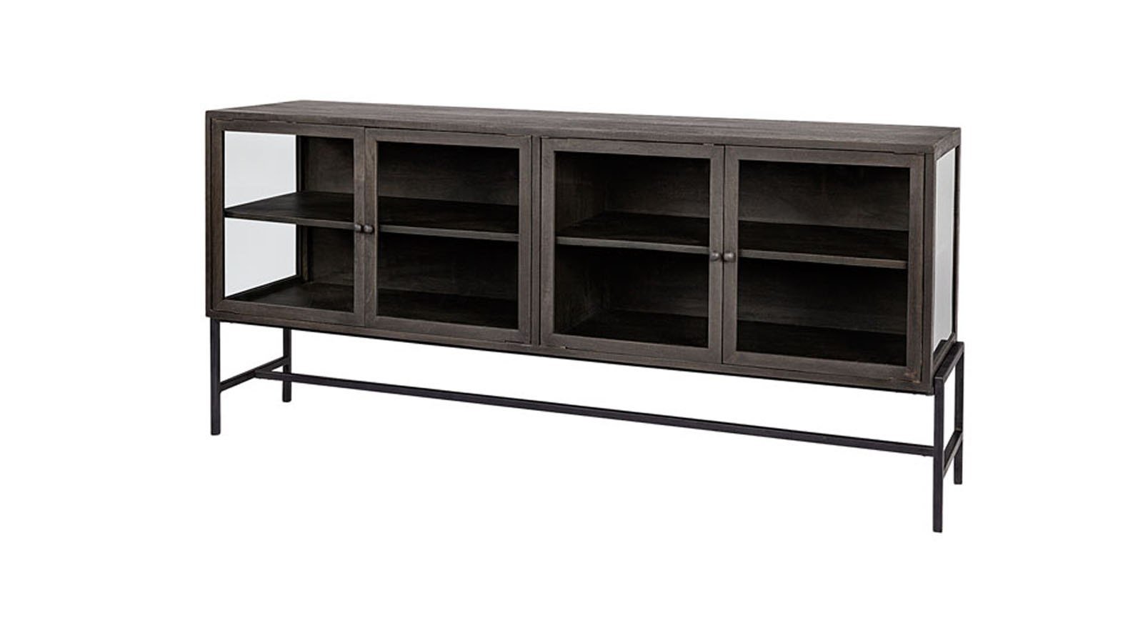 Arelius Dark Brown Wood Black Metal Base 4 Glass Cabinet Door Sideboard