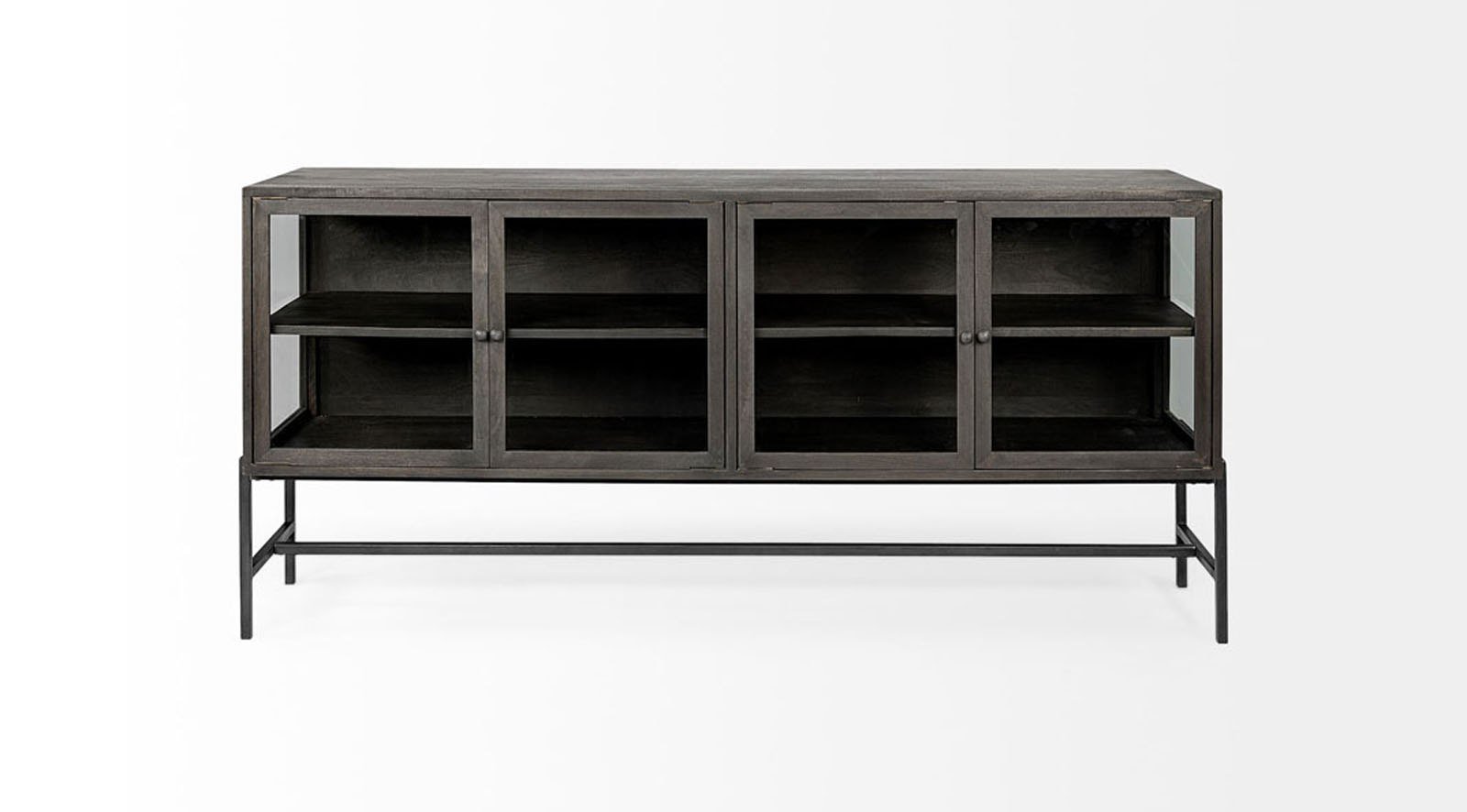 Arelius Dark Brown Wood Black Metal Base 4 Glass Cabinet Door Sideboard - Image 2