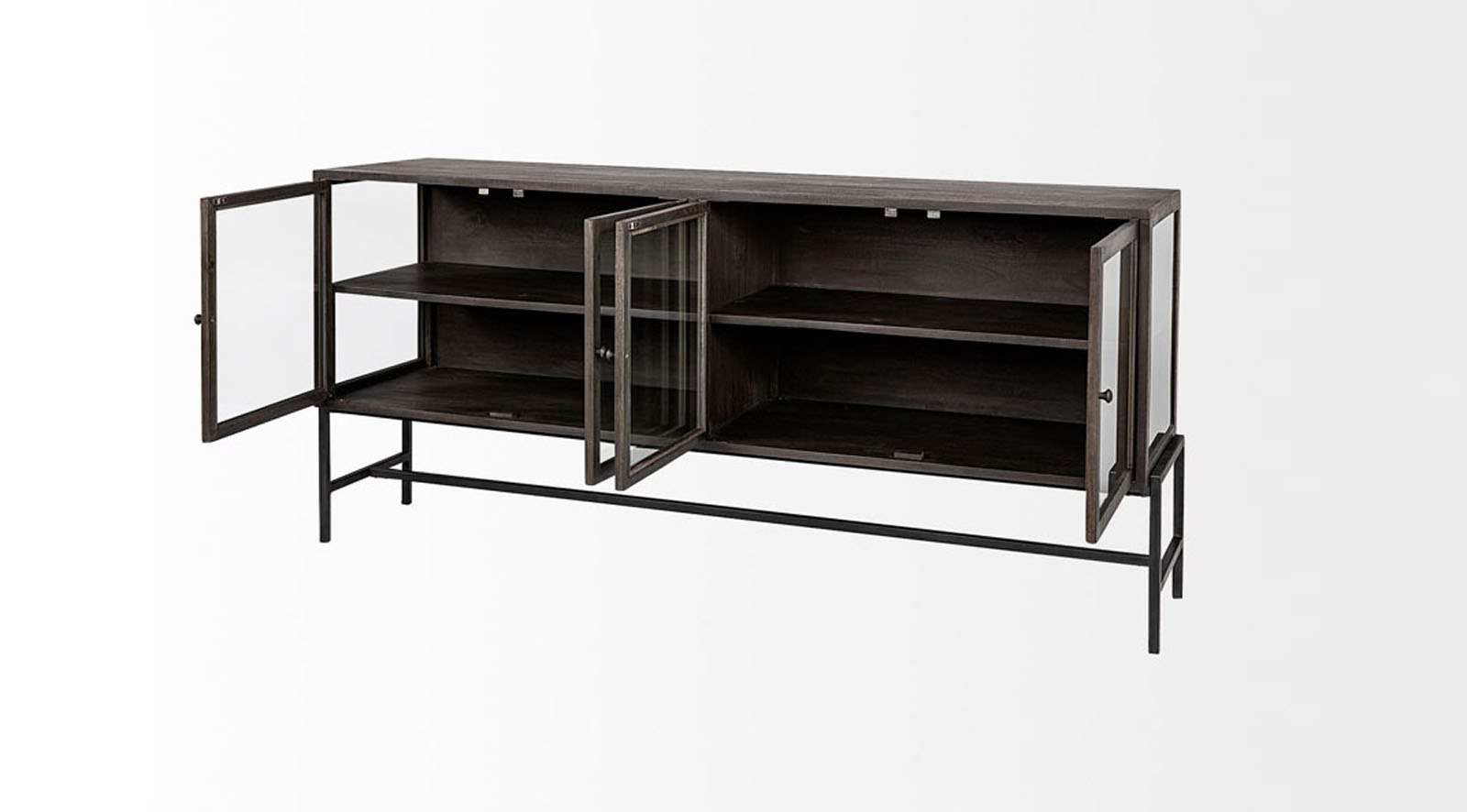 Arelius Dark Brown Wood Black Metal Base 4 Glass Cabinet Door Sideboard - Image 5
