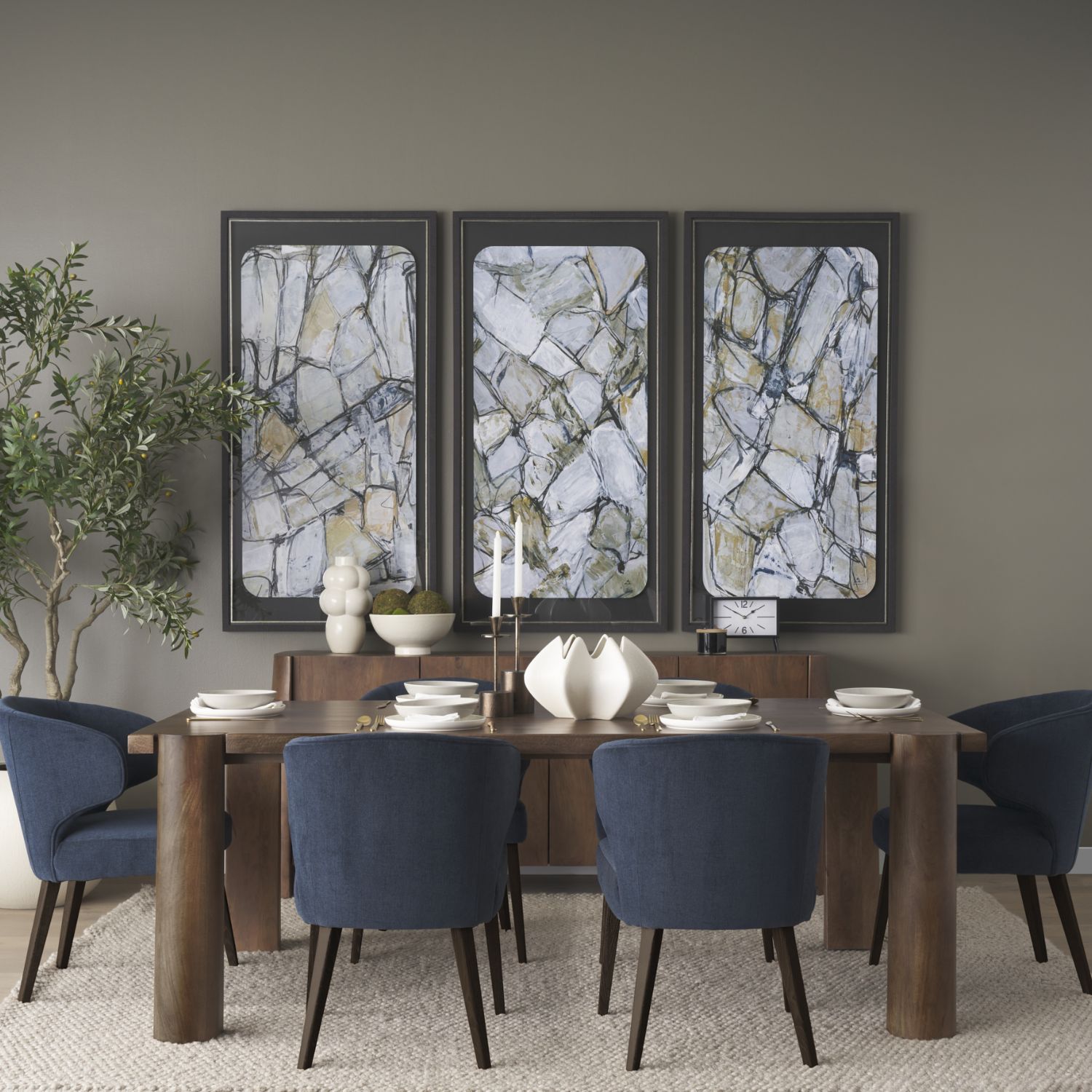 Niles Wingback Dining Chair | Navy Fabric w/ Dark Brown Wooden - Image 9