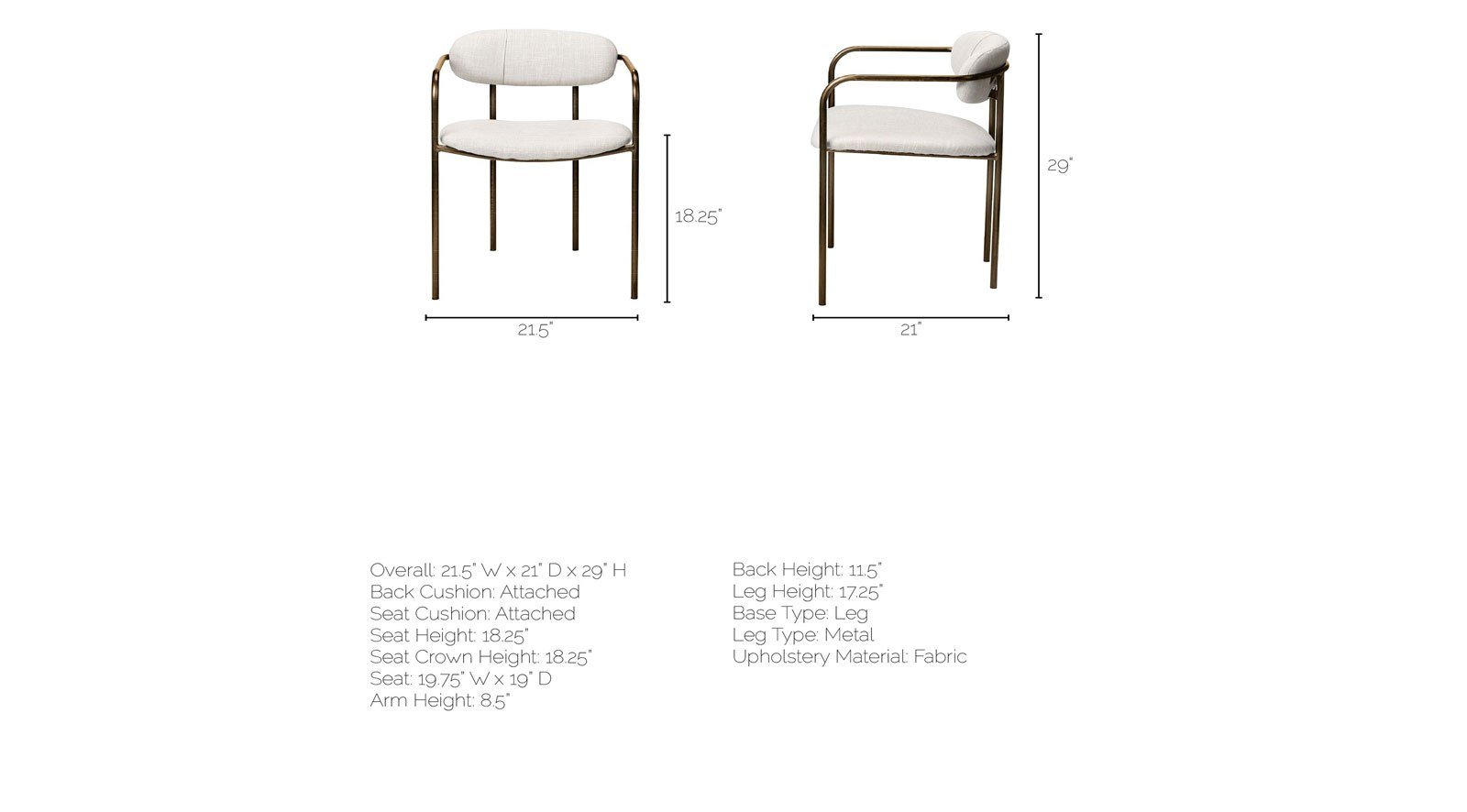 Parker Dining Chair Cream Fabric Seat Gold Metal Frame - Image 3
